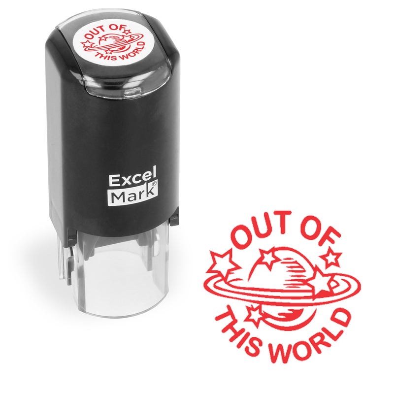 ExcelMark Round Teacher Stamp - Out of This World - RED Ink - Image 1